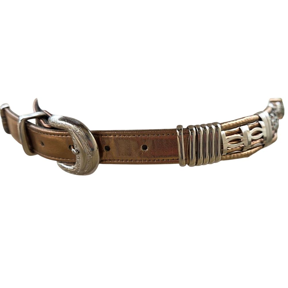 Vintage 80s Gold Copper Silver Belt M/L Etched Buckle Guard Tip Office Siren - Picture 3 of 11